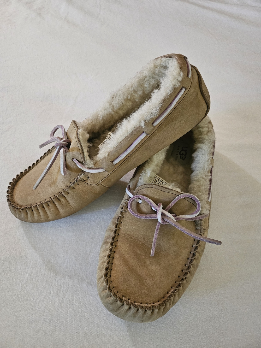 UGG Women's Chestnut/Tan Shearling-Lined Moccasin Slippers with Purple Bow Size8